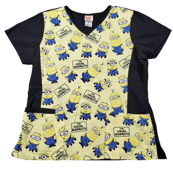 Despicable Me Tops - Despicable Me Minions Scrub Top The Usual Suspects Black Yellow Large Flaw*